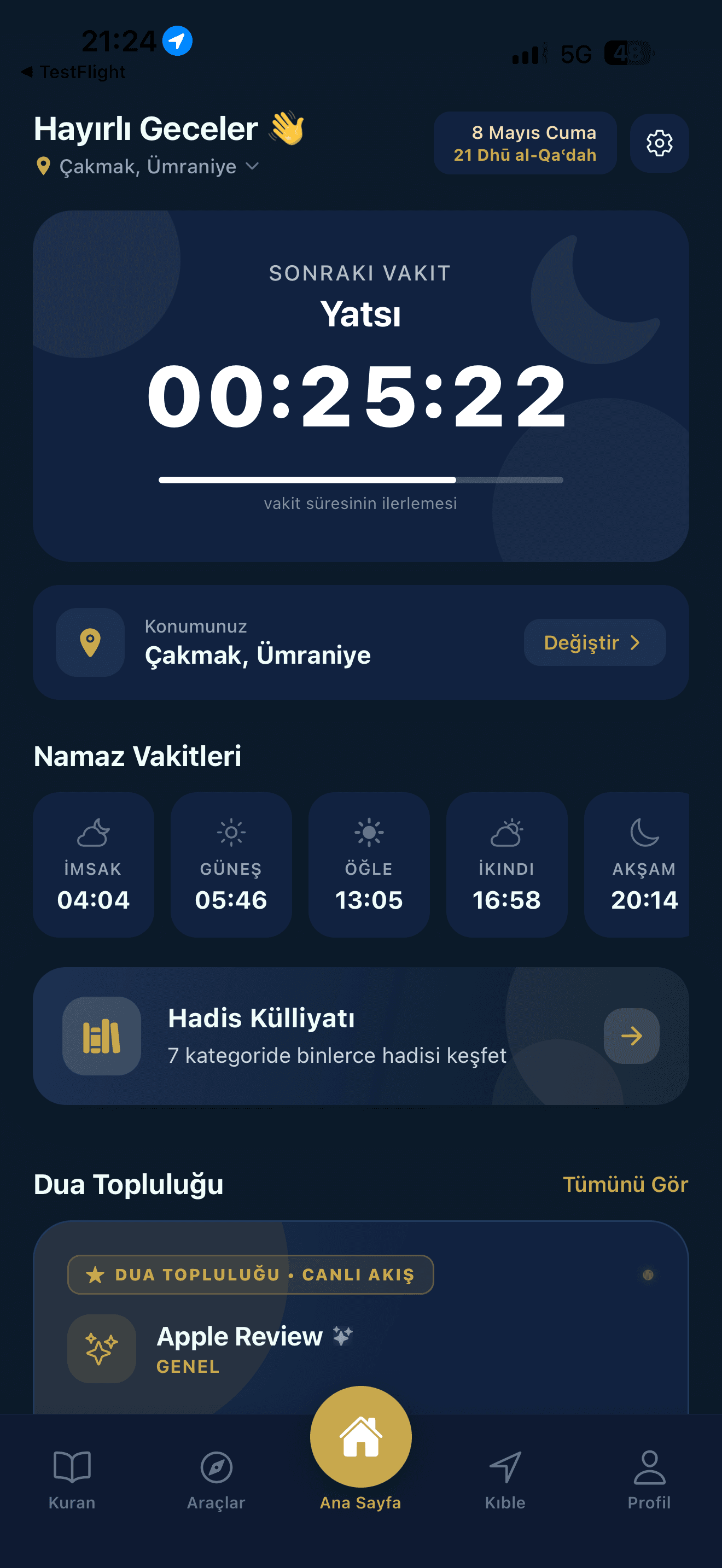 Hatırla İslam ana ekranı — sonraki namaz vaktine geri sayım