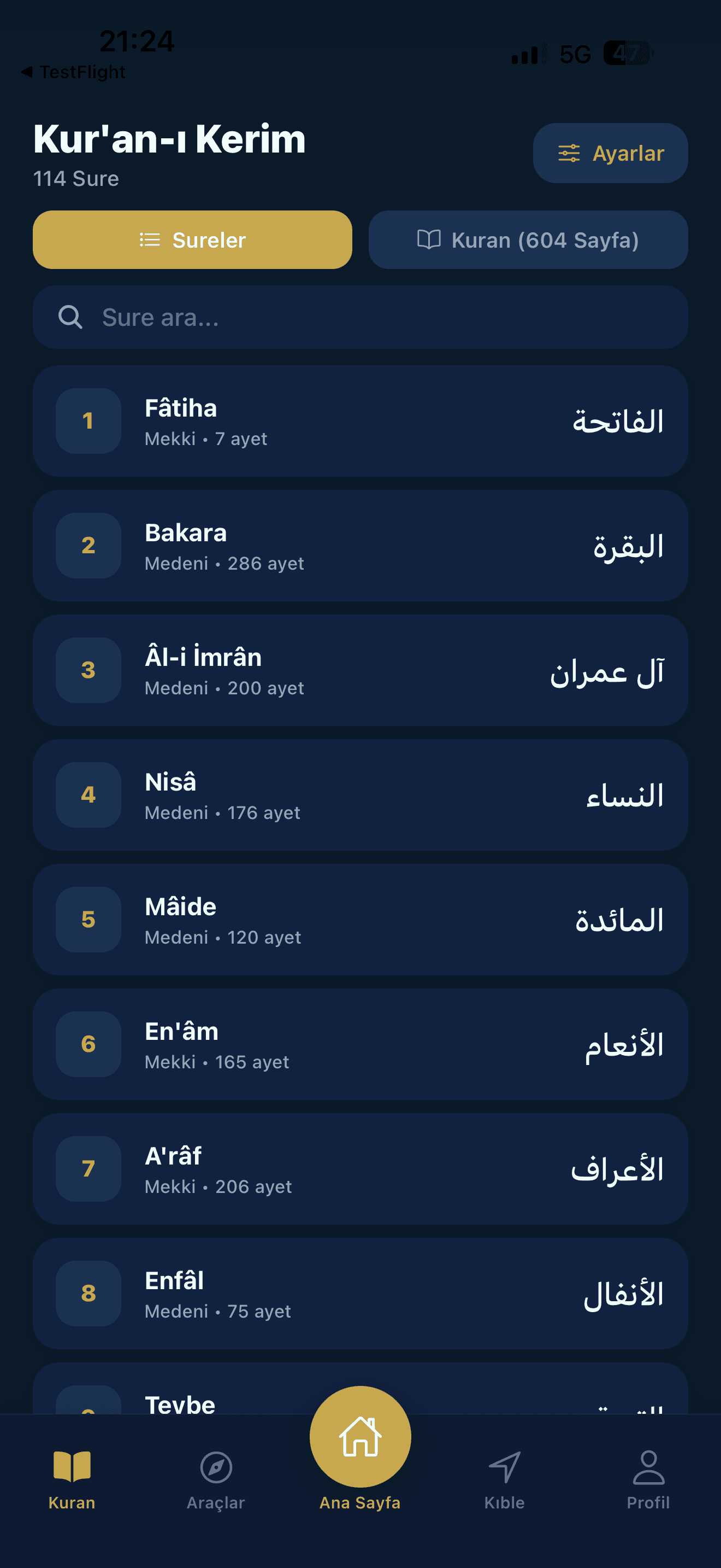 Kur'an-ı Kerim 114 sure listesi
